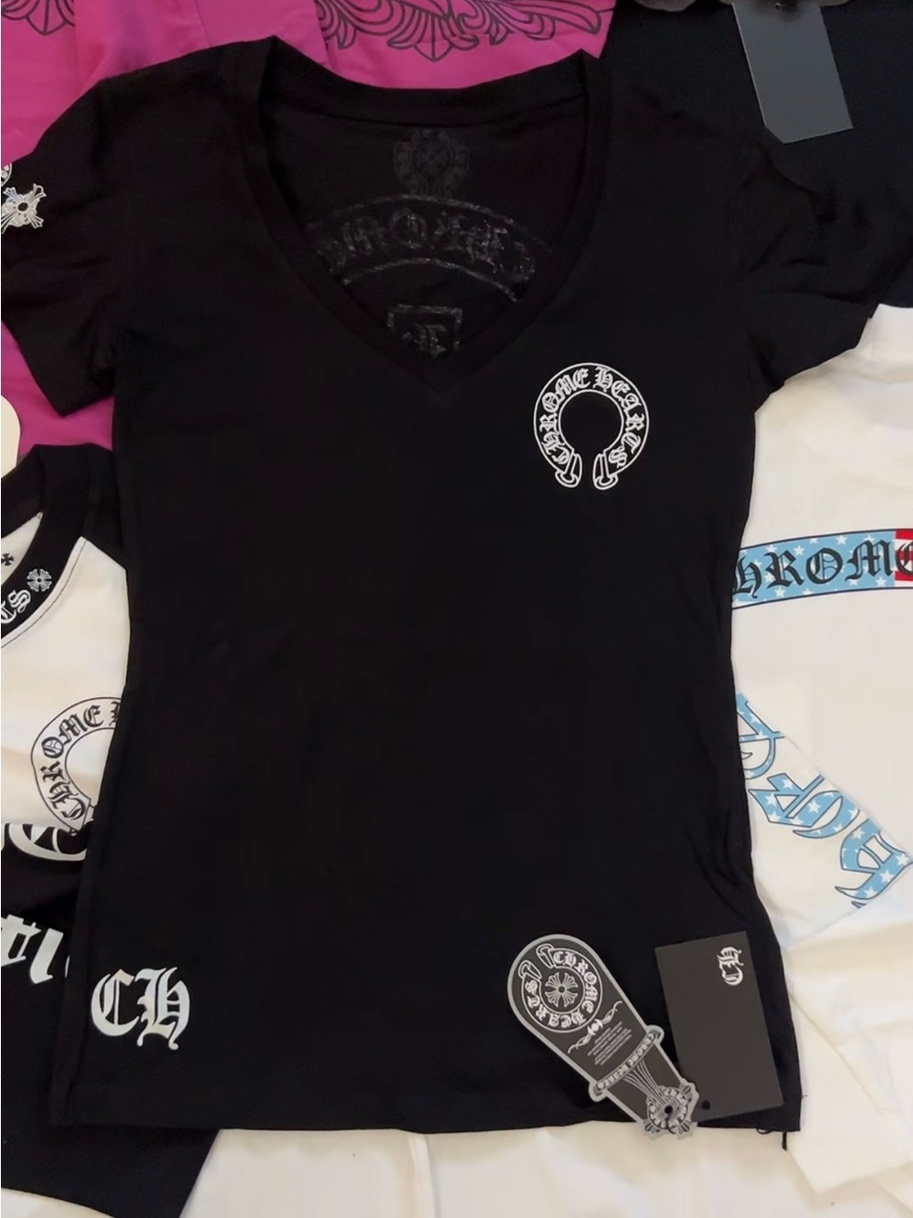Chrome Hearts Black V-Neck Tee with White Logo Accents